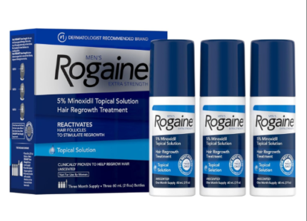 Rogaine Men's Extra Strength 5% Minoxidil Topical Solution for Thin Hair, Hair Loss Treatment to Regrow Fuller, Thicker Hair, 3-Month Supply, 3 x 2 fl. oz